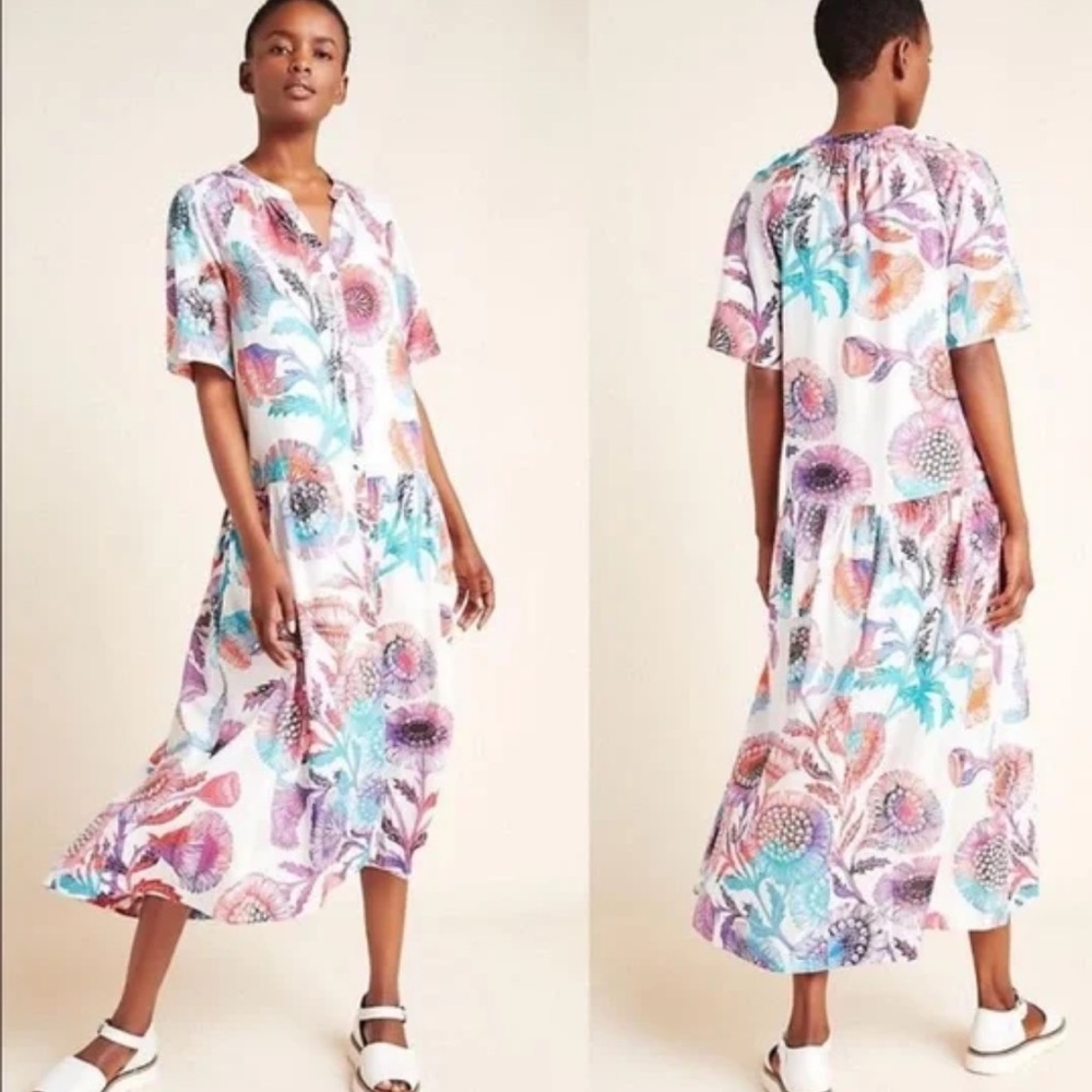 Anthropologie Tugboat SZ XS floral the Azores Blue‎ and Purple Buttoned Midi